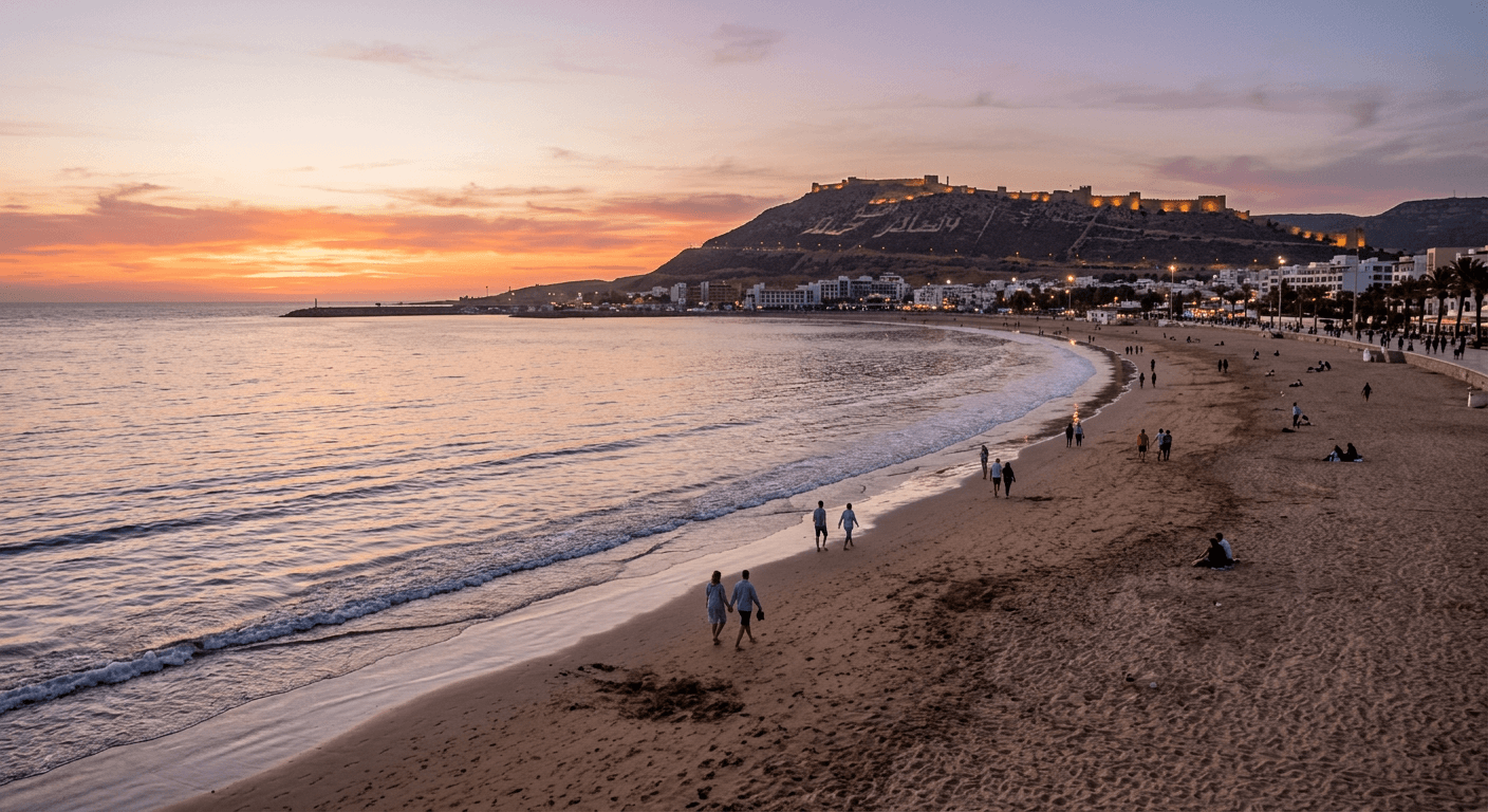 A long golden beach curving along the Atlantic in Agadir