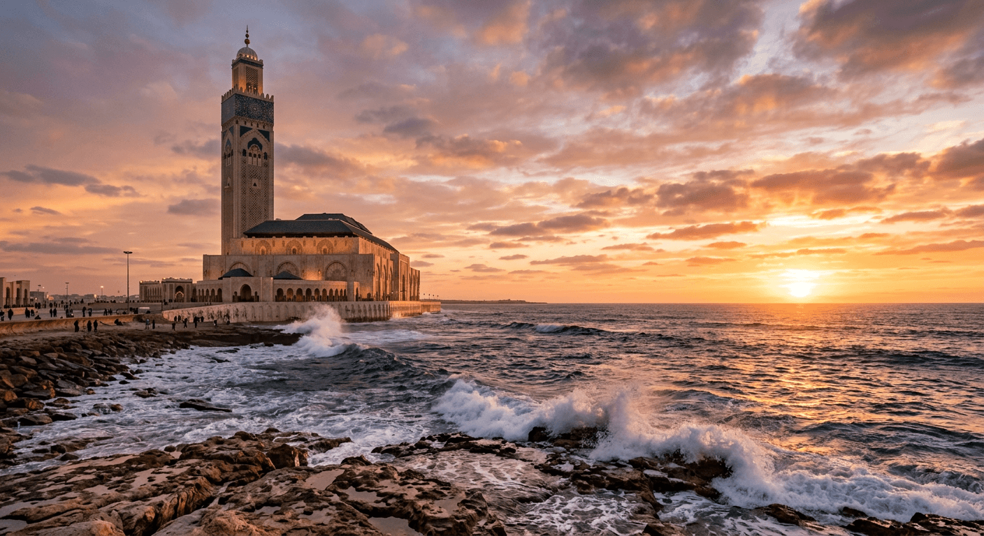 The Hassan II Mosque minaret rising over the Atlantic coast of Casablanca