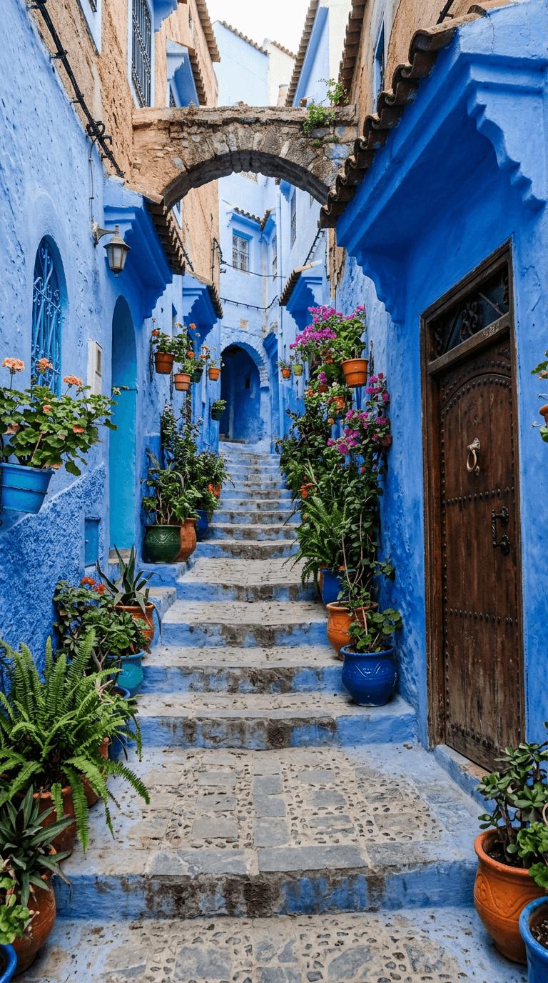 Blue-painted stairways, doors and potted plants in a quiet Chefchaouen lane
