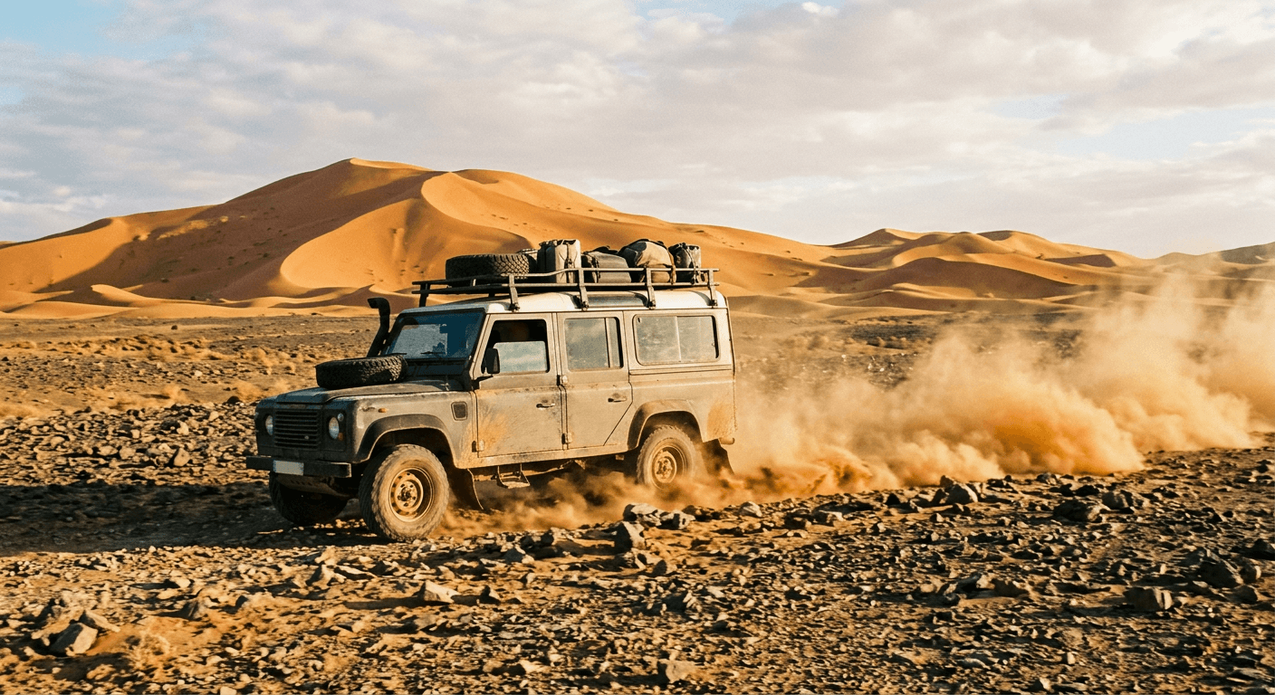 An off-road vehicle crossing the open desert near the Erg Chebbi dunes