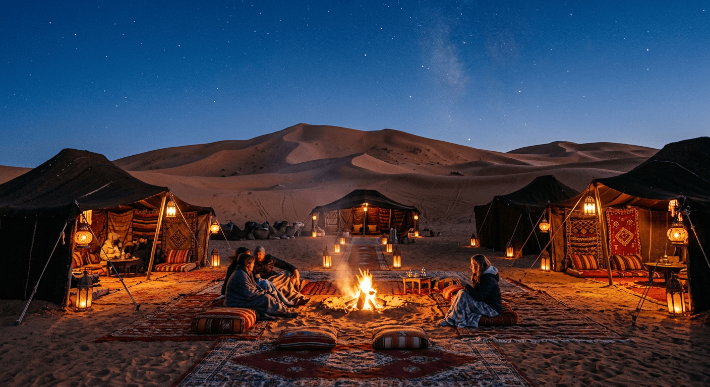 Desert camp glowing at dusk