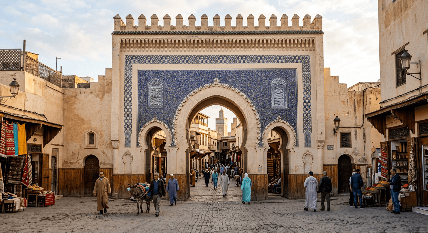 Rooftops and minarets of the Fes medina at dusk