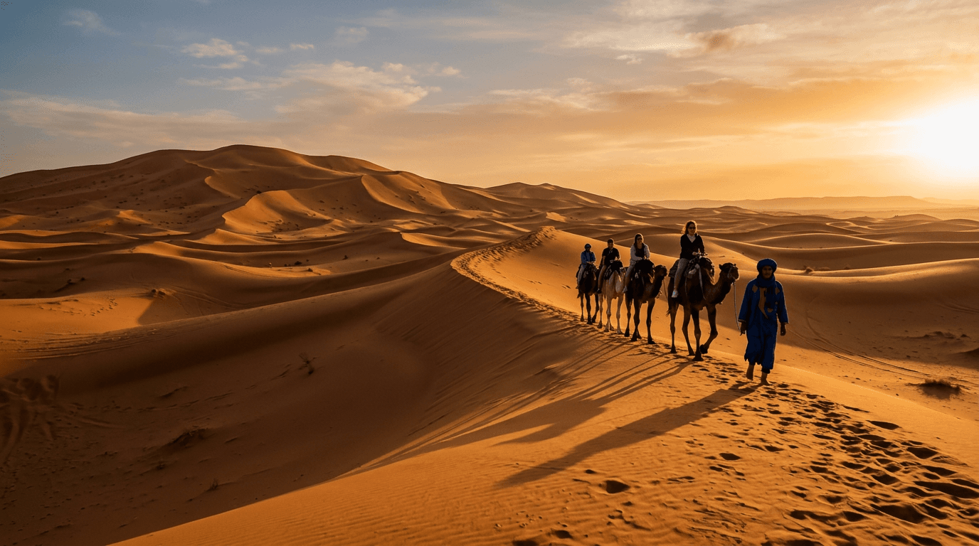 A camel caravan led by a guide across the dunes of Erg Chebbi at sunset