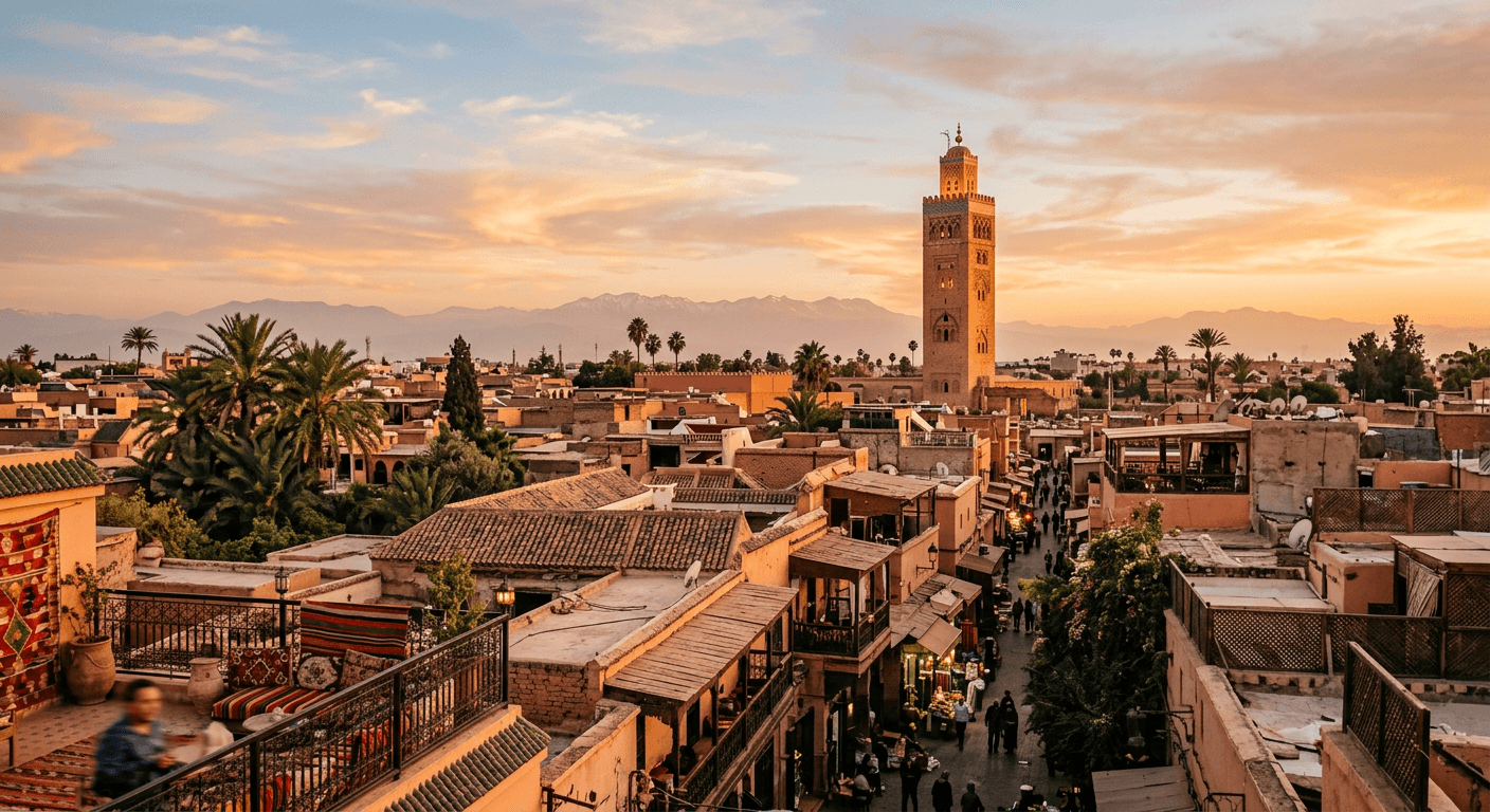 Terracotta rooftops of the Marrakech medina with the Koutoubia minaret at golden hour