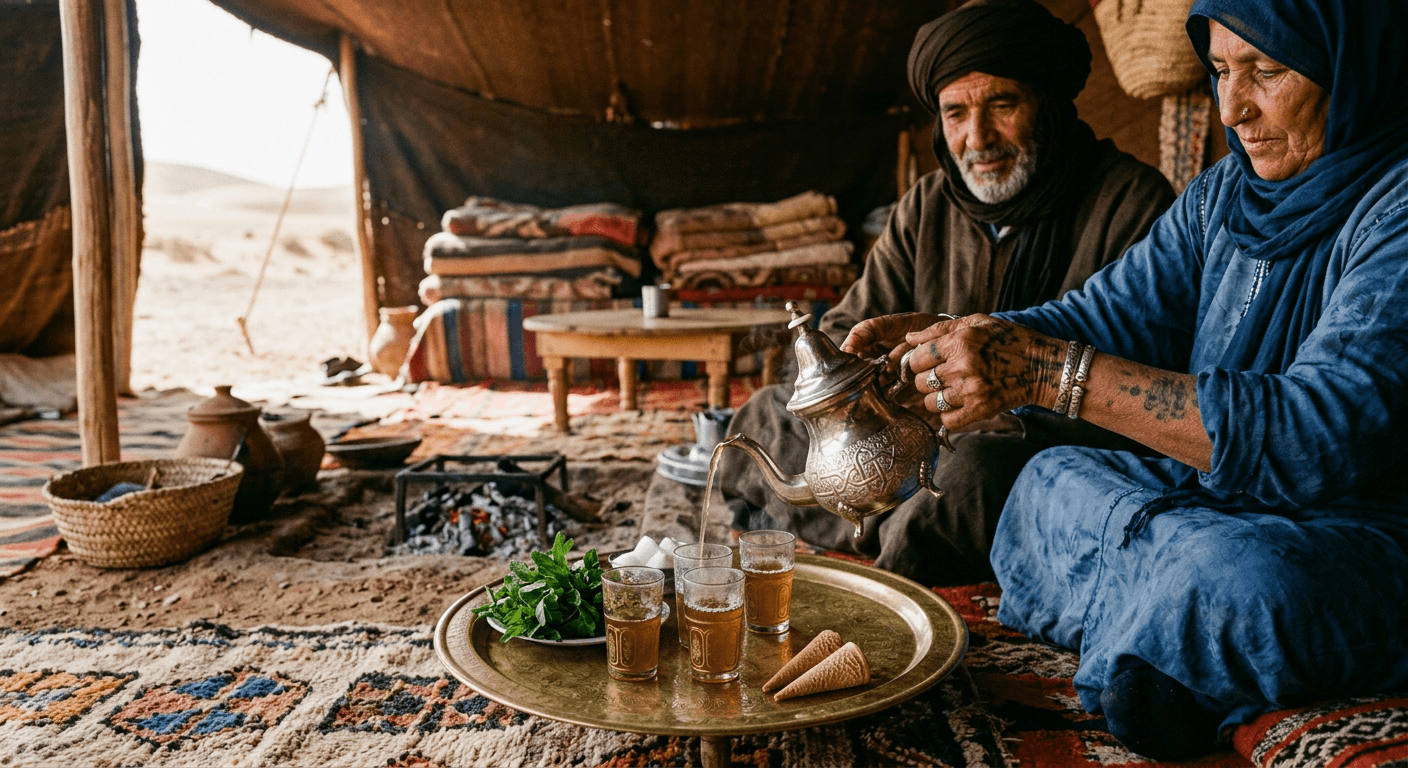 Mint tea being poured from a silver teapot inside a woven nomadic tent