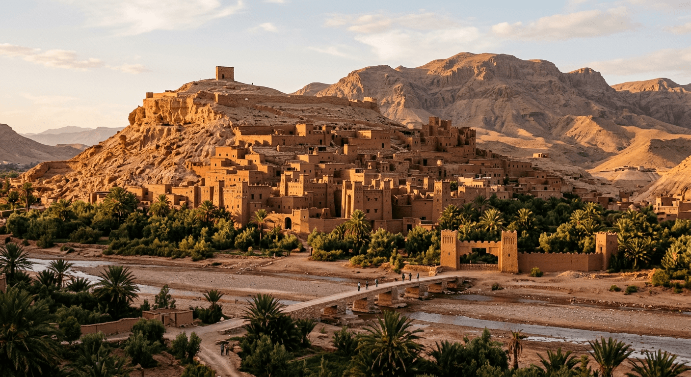 The fortified earthen village of Aït Ben Haddou glowing at golden hour