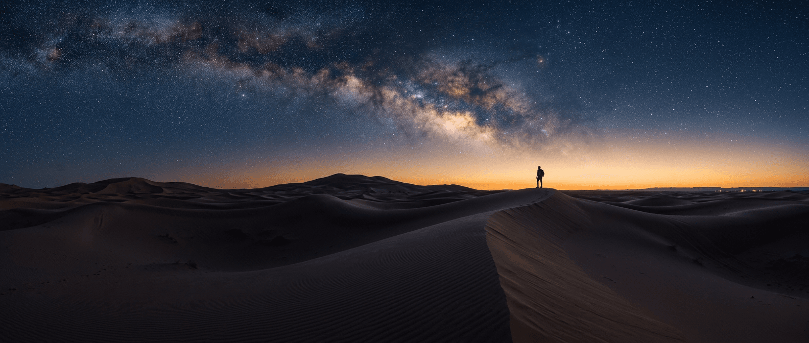 Star-filled night sky above a desert camp in the Sahara