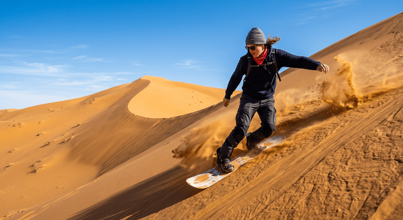 A traveler sandboarding down a steep orange dune in Merzouga