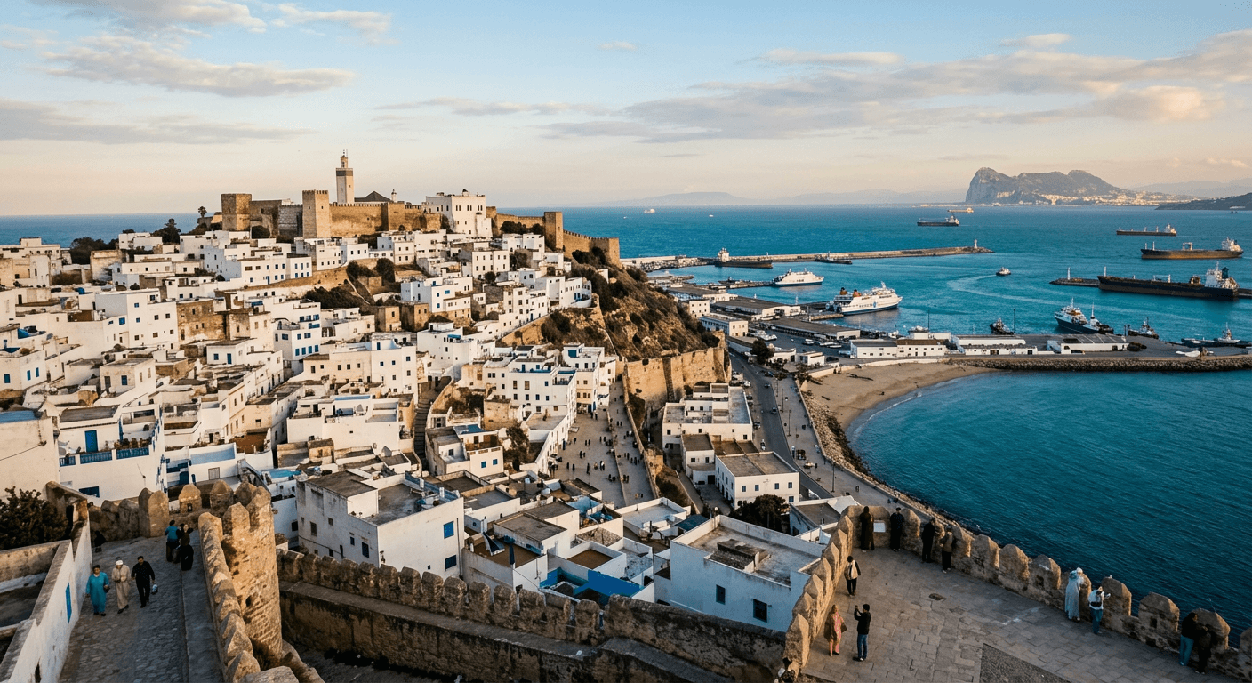 Whitewashed Tangier medina overlooking the sea at sunset