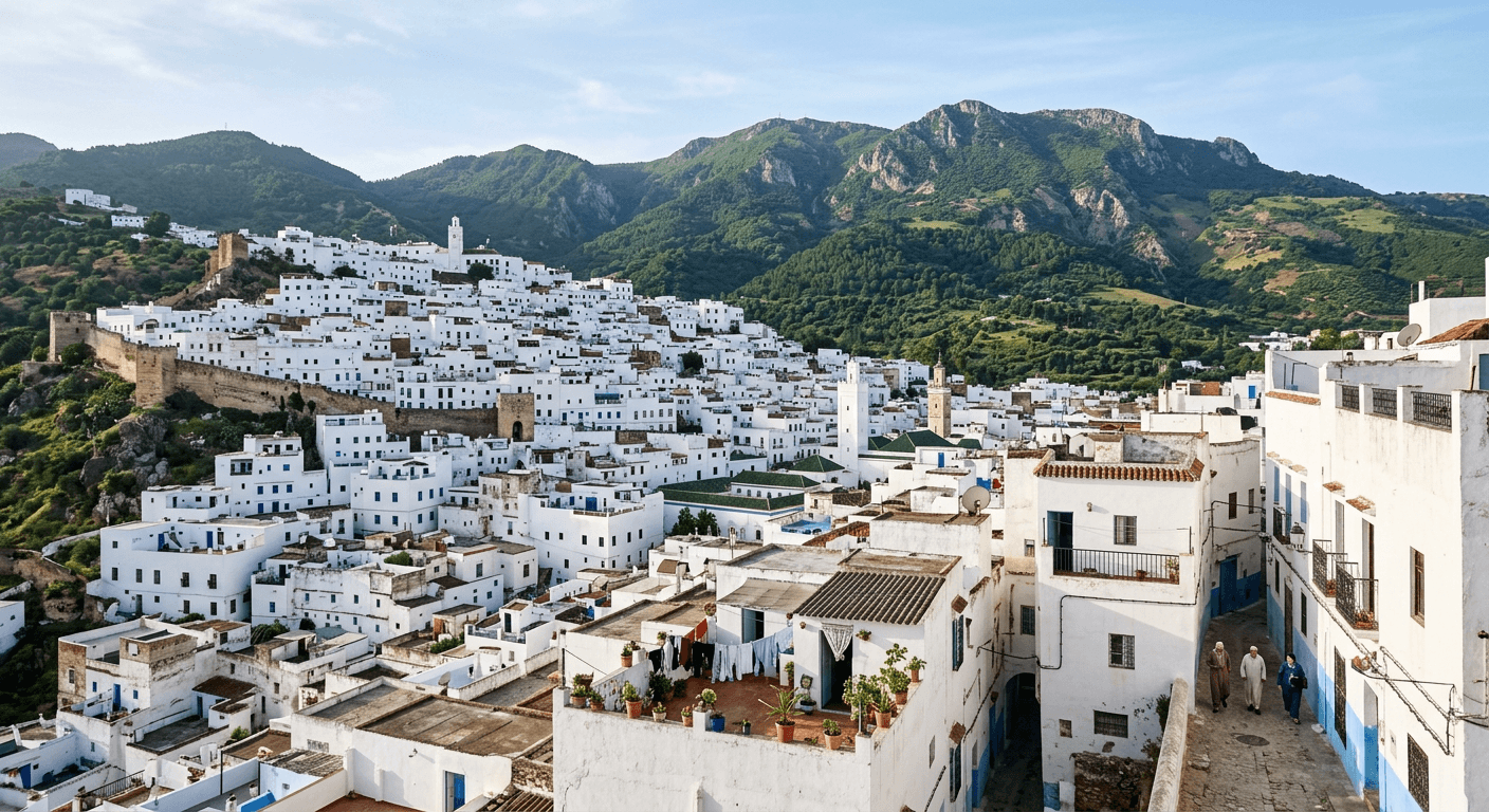 White buildings of the Tetouan medina against green Rif mountain slopes