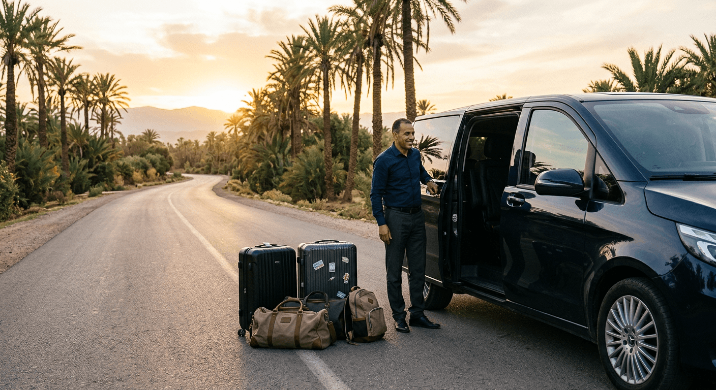 A private vehicle on an open road in Morocco at golden hour