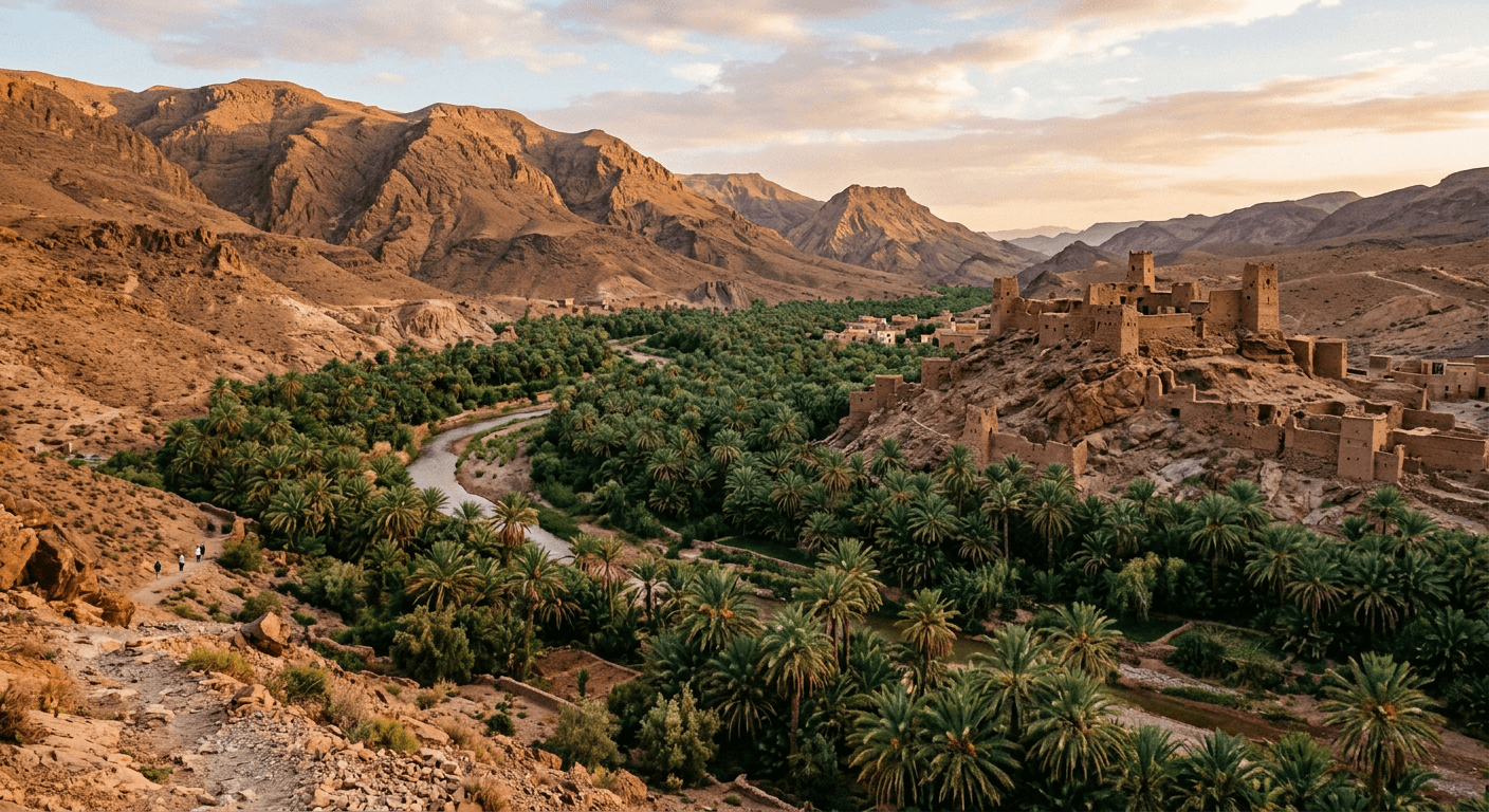 A green palm grove in the Drâa Valley near Zagora with desert mountains behind